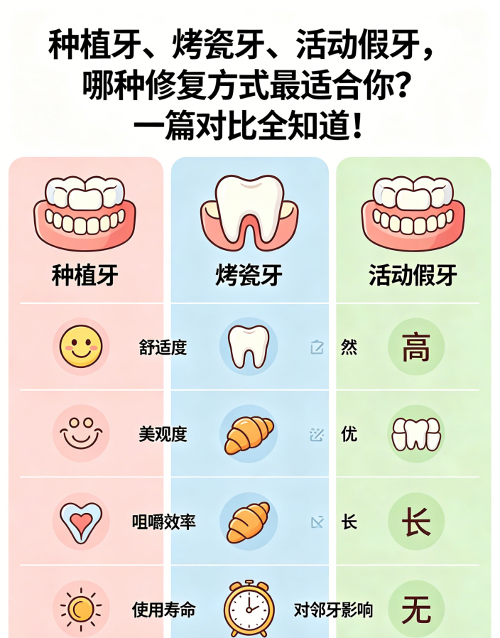 种植牙、烤瓷牙、活动假牙，哪种修复方式最适合你？一篇对比全知道！案例图片 1